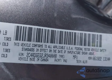 2018 Dodge Grand Caravan Gt z USA, uszkodzony, nr VIN 2C4RDGEG2JR340008